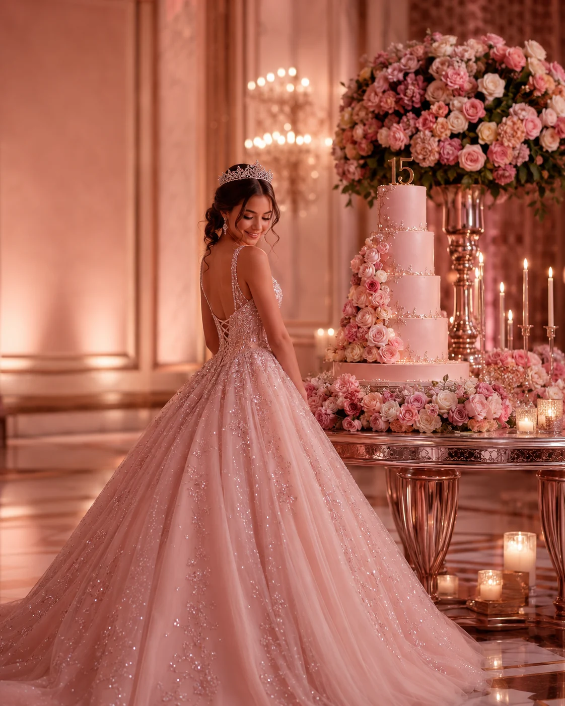 Debutante em festa de 15 anos com decoração elegante em tons blush